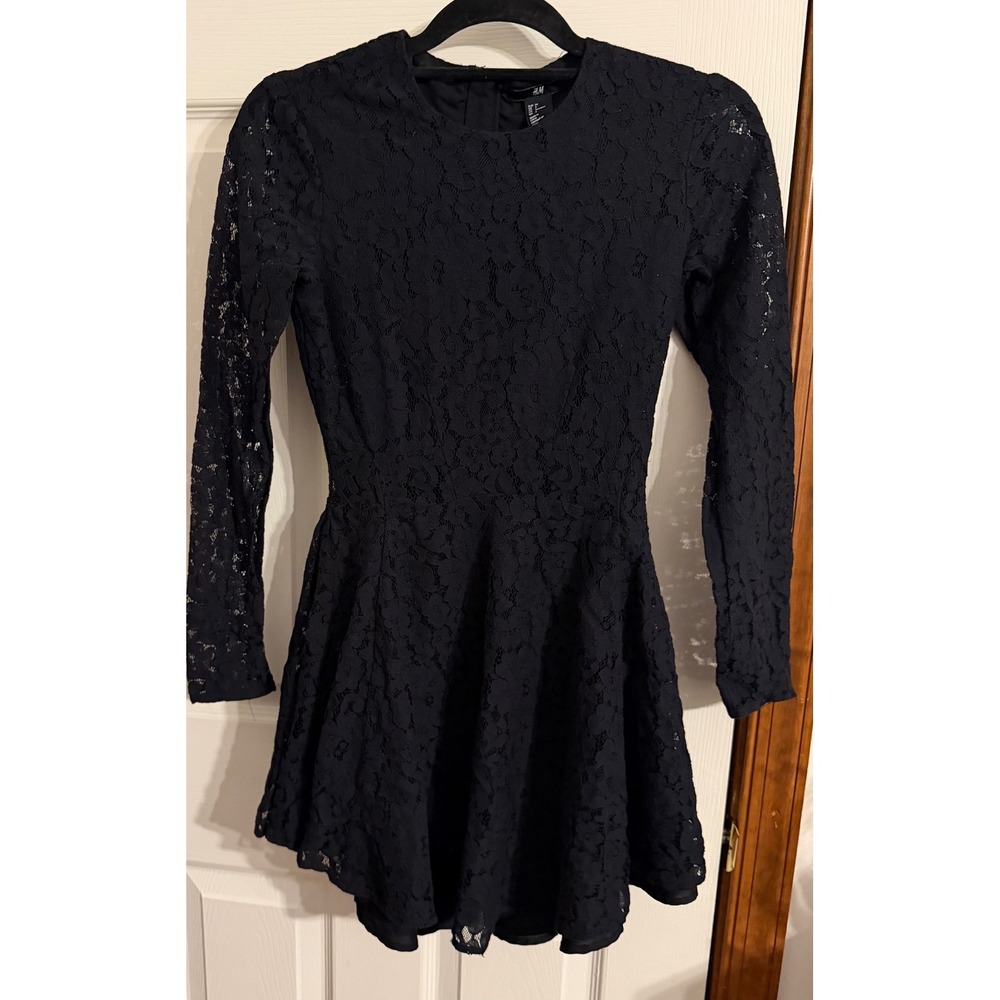 HM Black Floral Lace Long Sleeve Fit and Flare Mini Dress Size 4